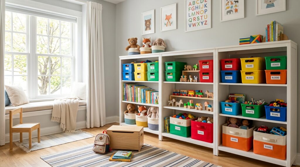 Bunte Aufbewahrungsboxen im Kinderzimmer ordentlich auf einem weißen Regal gestapelt
