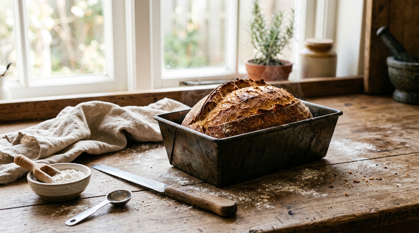 Frisch gebackenes Brot in einer dunklen Stahlform auf einem rustikalen Holztresen