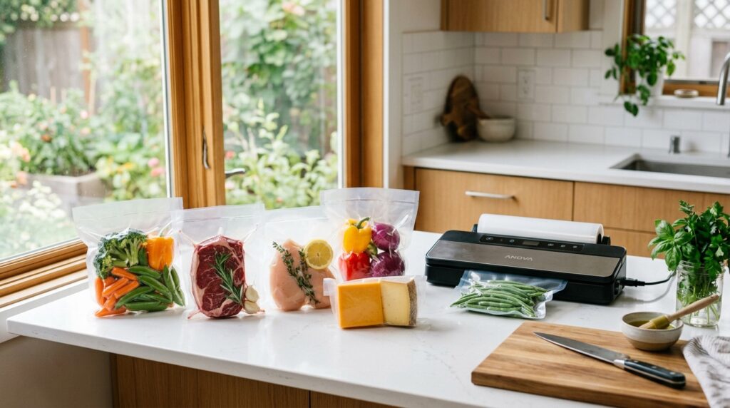 Vakuumierbeutel mit frischen Lebensmitteln neben einem Vakuumiergerät auf einer Küchenarbeitsplatte