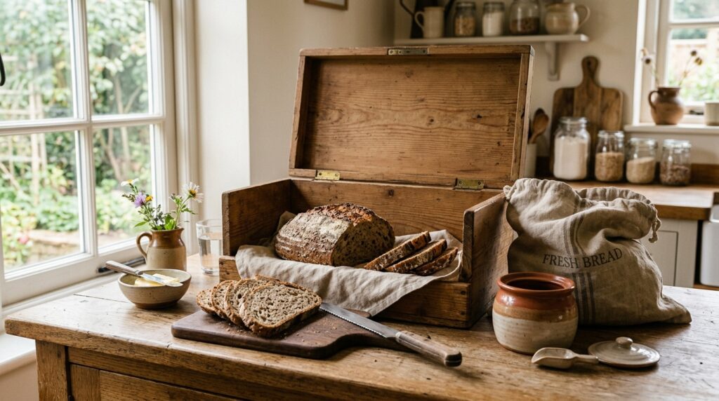Brotkasten aus Holz auf einer Küchenarbeitsplatte mit frischem Vollkornbrot