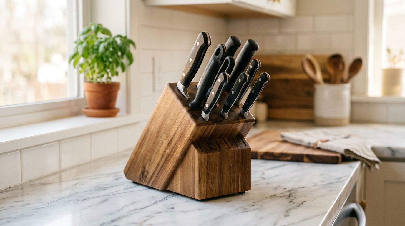 Messerblock aus Holz mit mehreren Küchenmessern auf einer hellen Küchenarbeitsplatte