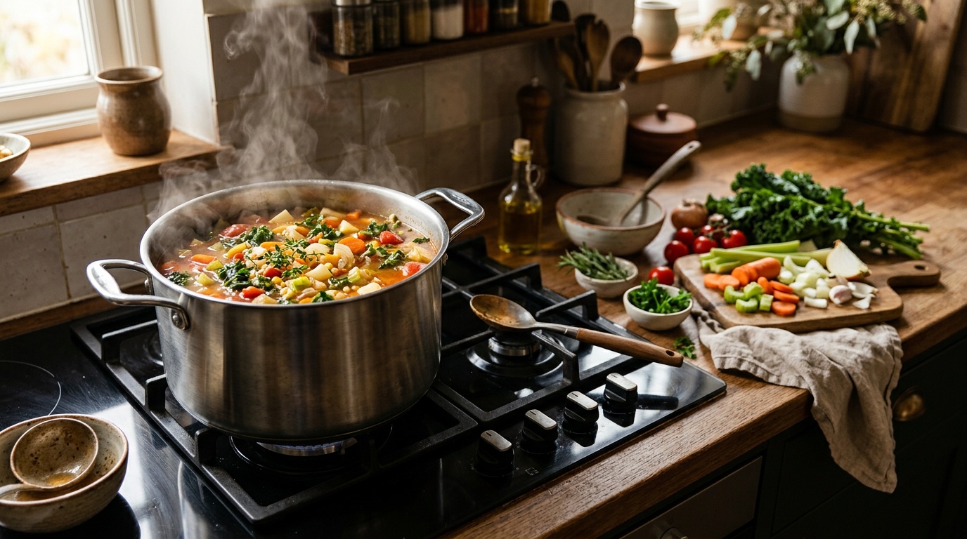 Großer Edelstahl-Suppentopf mit dampfender Gemüsesuppe auf einem modernen Herd