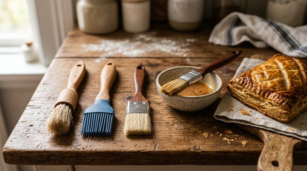 Drei Backpinsel aus Silikon, Naturborsten und Kunstfaser auf einem Holzküchentisch