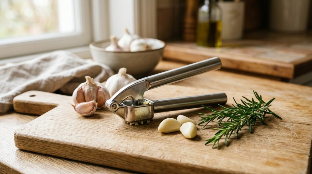 Knoblauchpresse aus Edelstahl auf Holzbrett mit frischen Knoblauchzehen