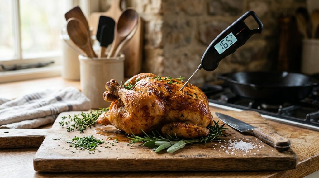 Digitales Küchenthermometer mit Sonde in gebratenem Hähnchen auf Holzbrett