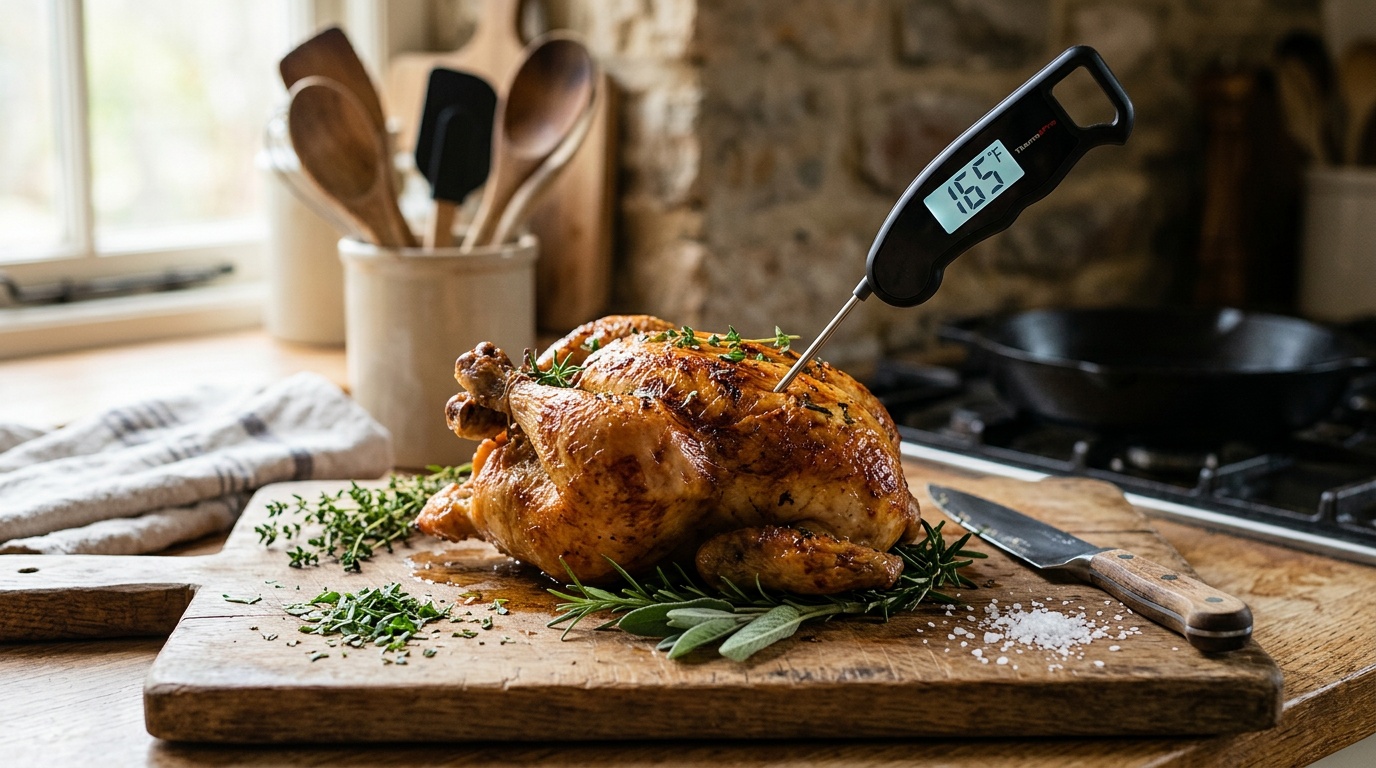 Digitales Küchenthermometer mit Sonde in gebratenem Hähnchen auf Holzbrett