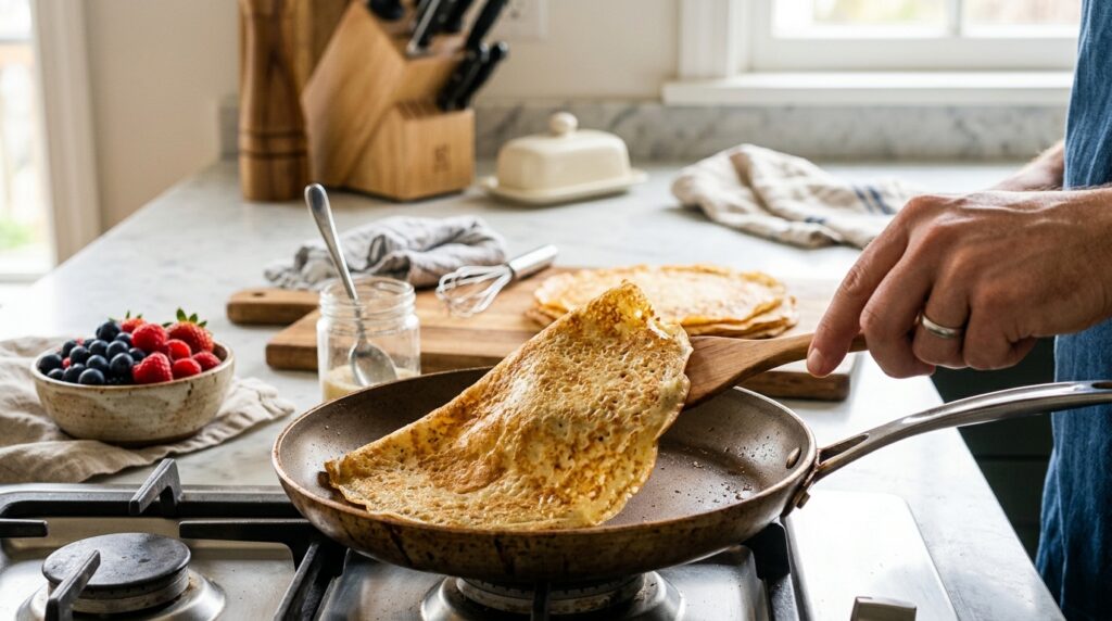 Pfannkuchenpfanne mit einem fertig gebratenen goldbraunen Pfannkuchen auf einem Holztisch