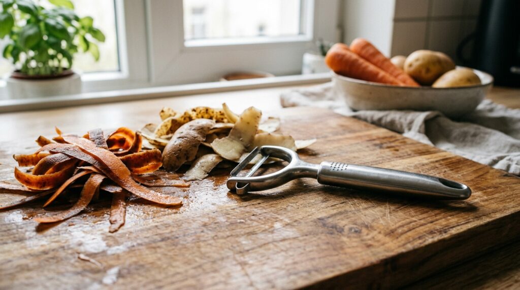 Sparschäler aus Edelstahl auf Holzschneidebrett neben geschälten Karotten und Kartoffelschalen